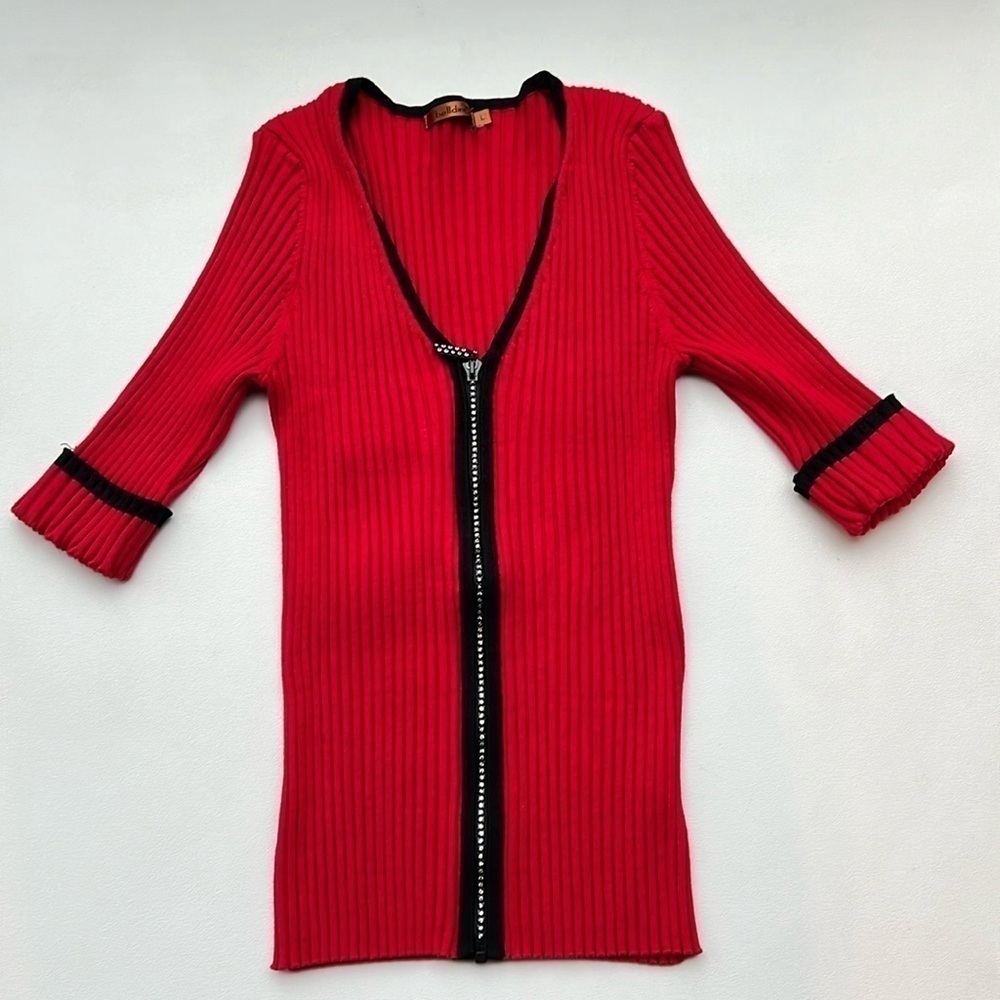 Vintage Belldini ribbed zip up cardigan red black diamond‎ trim office holiday L